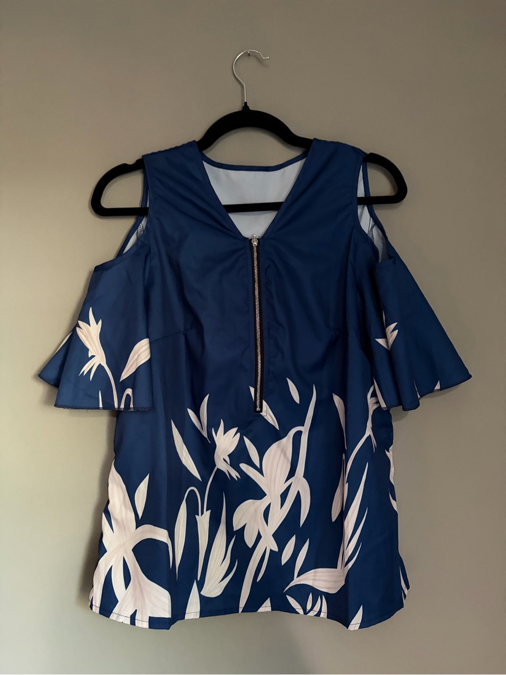 Cold Shoulder Blouse Floral Print Navy White Short Sleeve Zipper Large Shein
